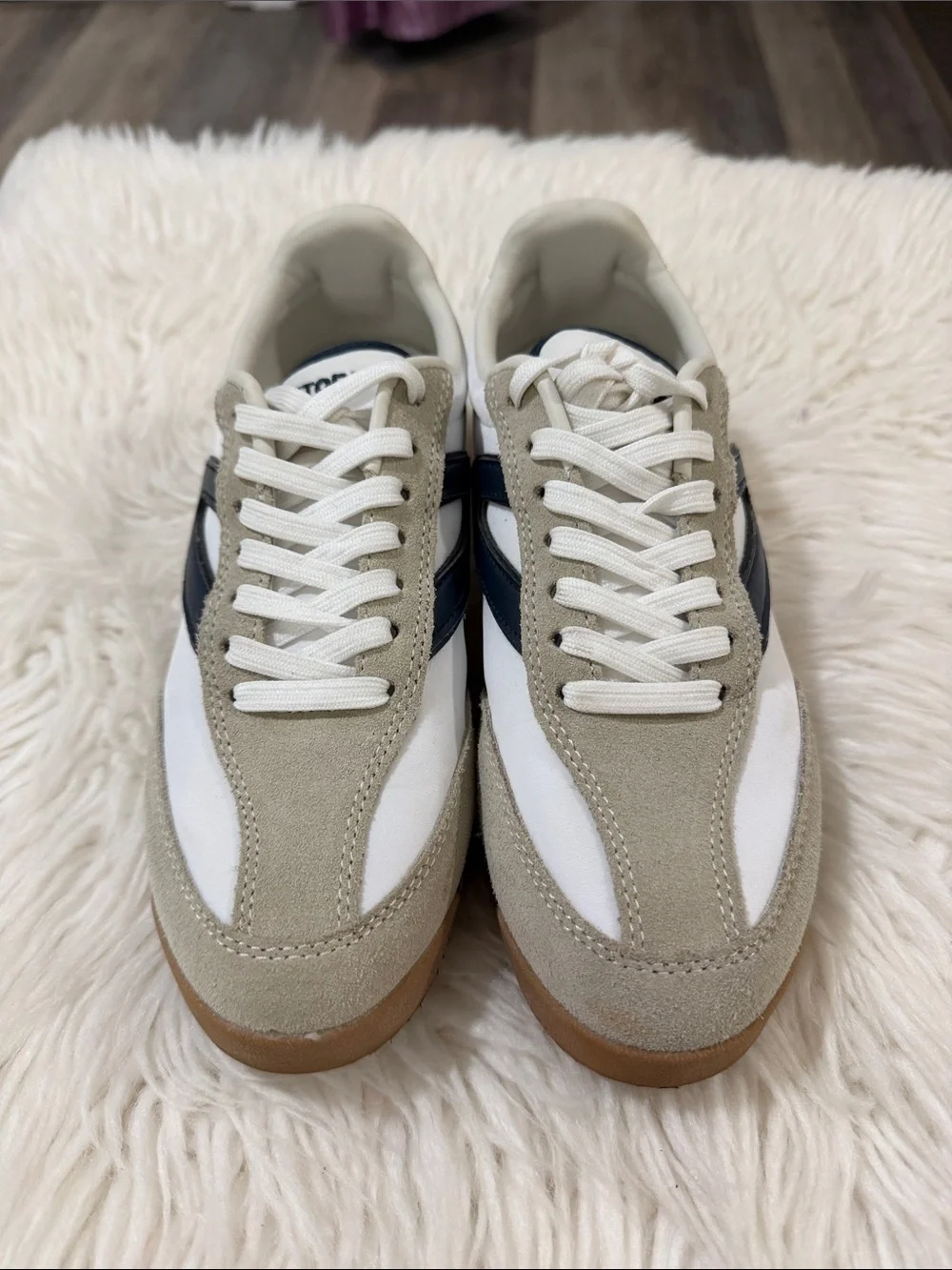 Tretorn Women’s Suede & Canvas Sneakers in Beige, White & Navy Size 6.5